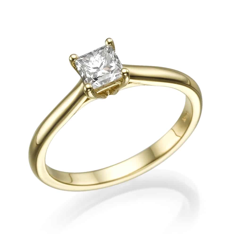 טבעת אירוסין - טבעת יהלומים - דגם טבעת פרינסס חלקה בצהוב